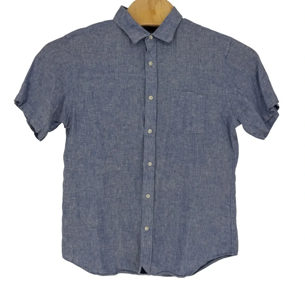 UNTUCKit Valente WR Blue Linen Slim Fit Short Sleeve Button Down Shirt Large